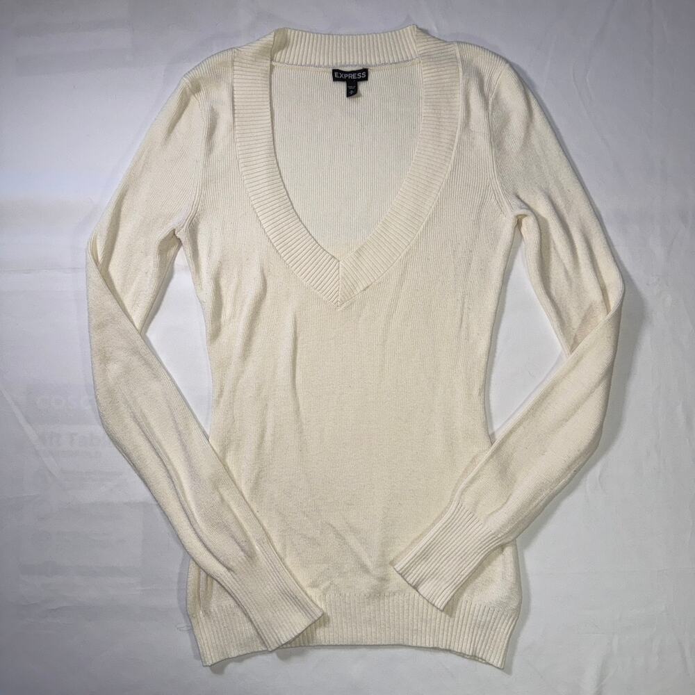 Express Cream Deep V-Neck Sweater Womens Medium Long Sleeve Knit Top Circa 2014